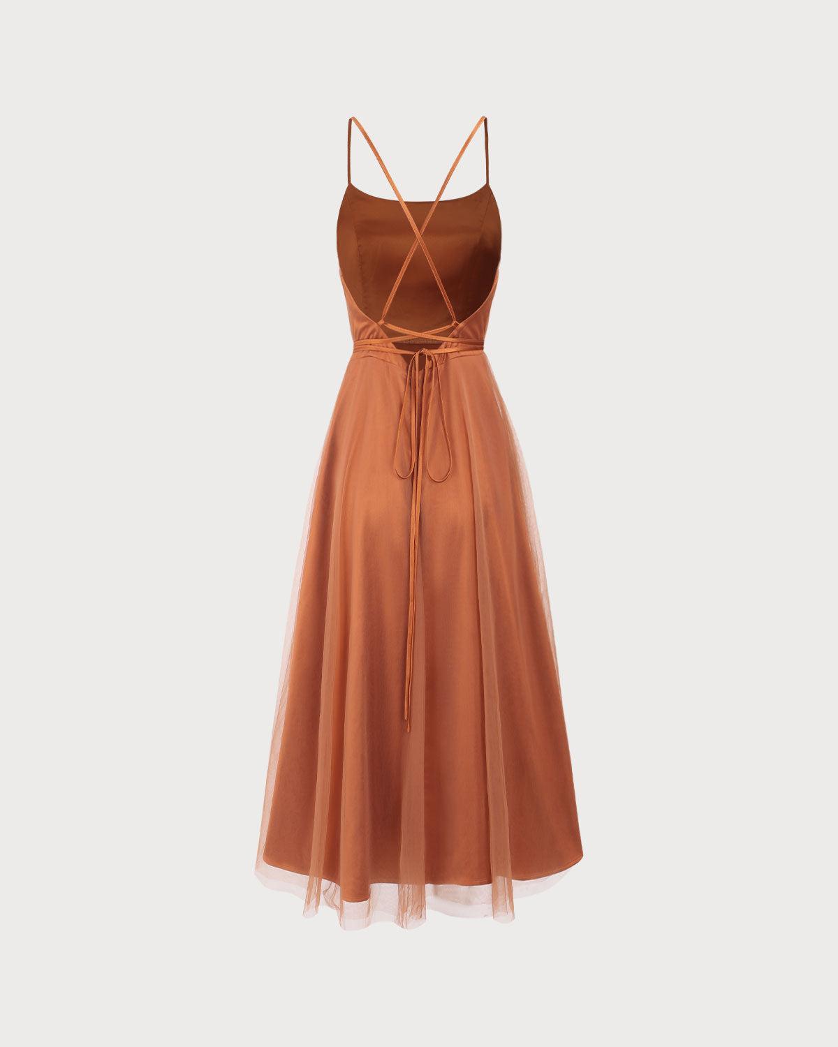 Caramel Mesh Flowy Slip Midi Dress Product Image