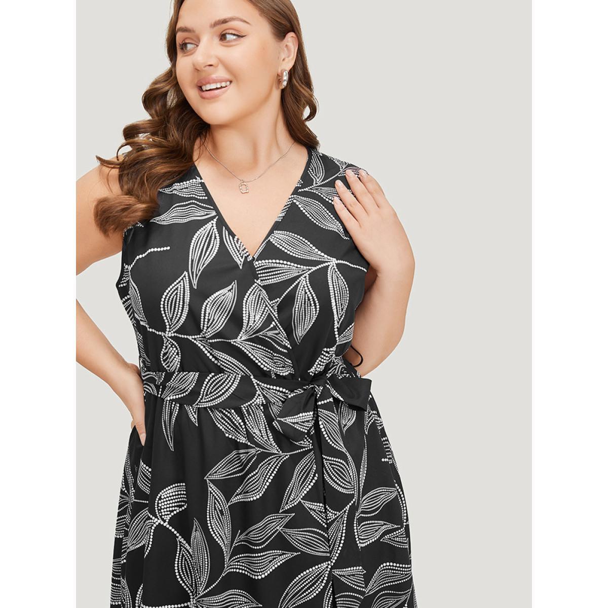 Plus Size Plants Print Overlap Collar Belted Tank Dress Black Women Office Wrap V-neck Sleeveless Curvy Knee Dress BloomChic 10/M Product Image