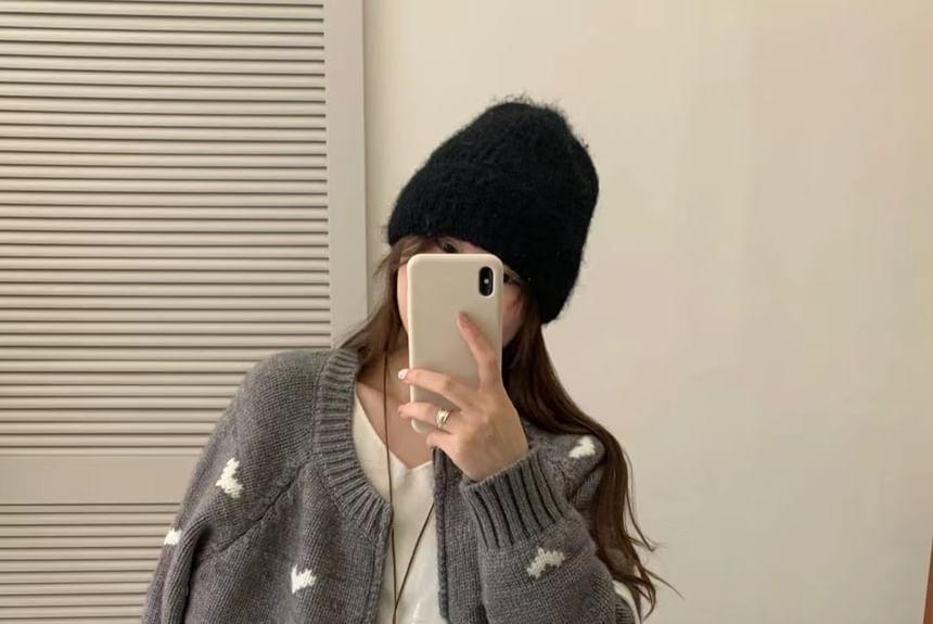 Crew Neck Heart Jacquard Zip-Up Cardigan Product Image