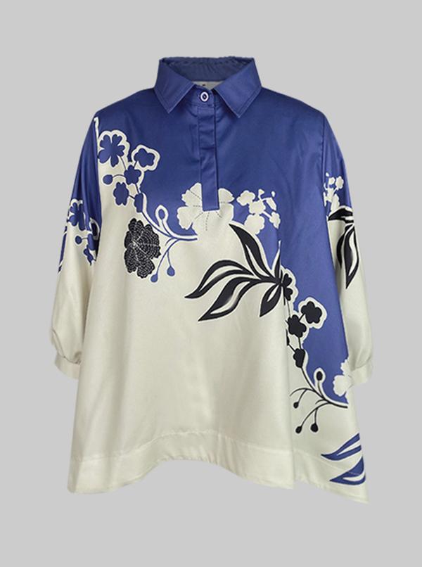 Half Sleeves High-Low Buttoned Flower Print Pleated Lapel Blouses&Shirts Tops Product Image