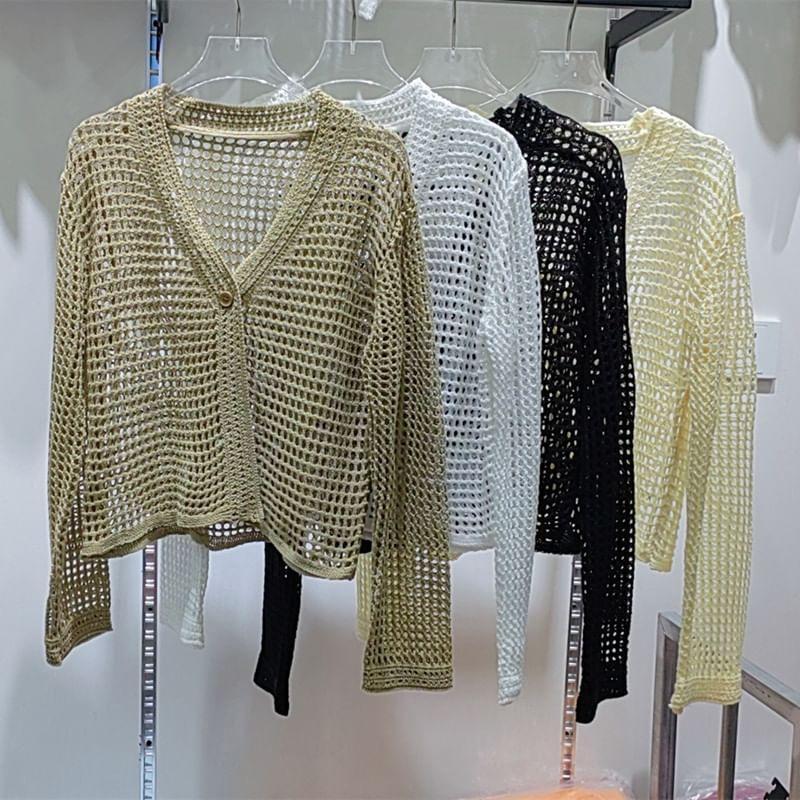V-Neck Plain Pointelle Cropped Cardigan Product Image