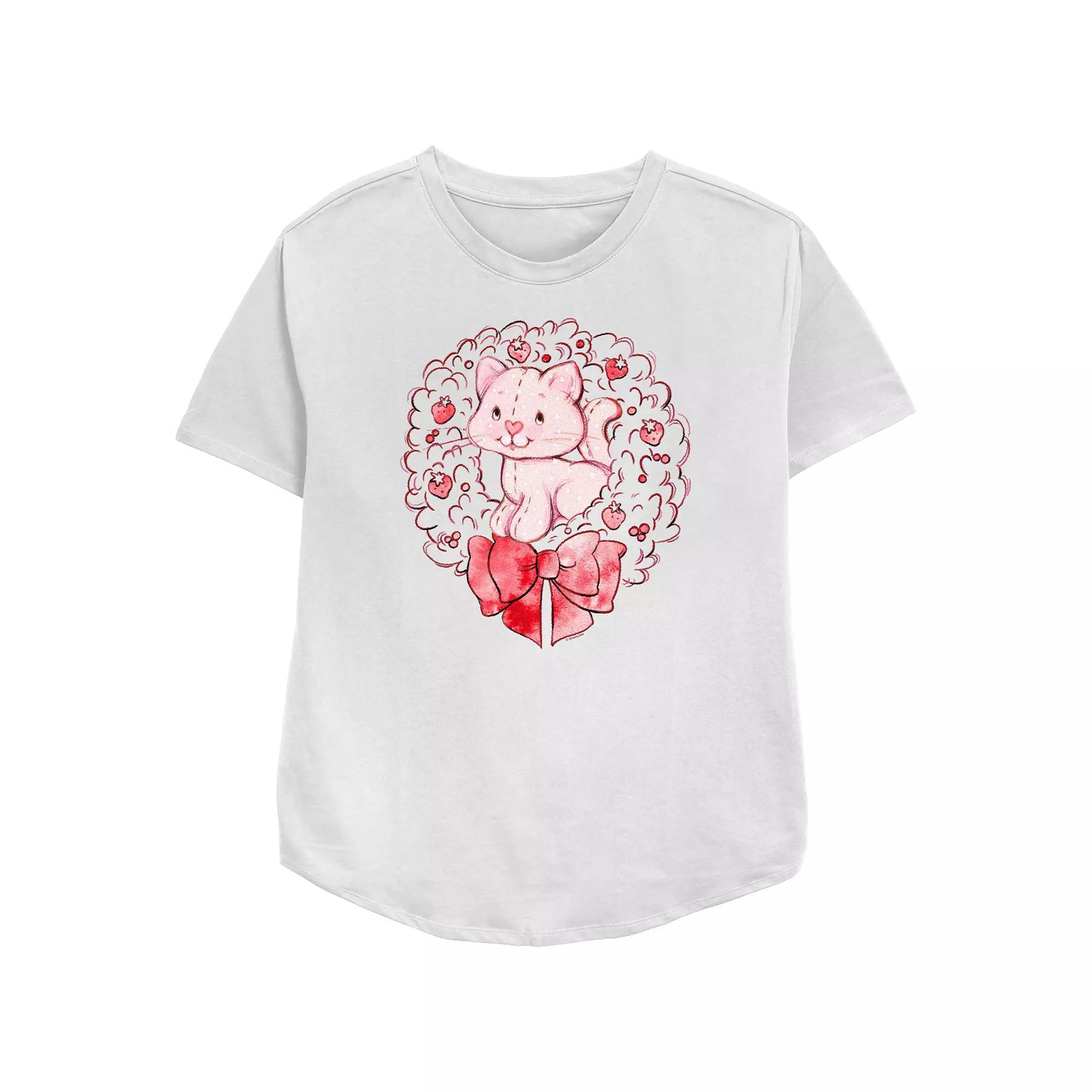 Women's Strawberry Shortcake Custard Wreath Relaxed Fit Graphic Tee, Size: Small, White Product Image