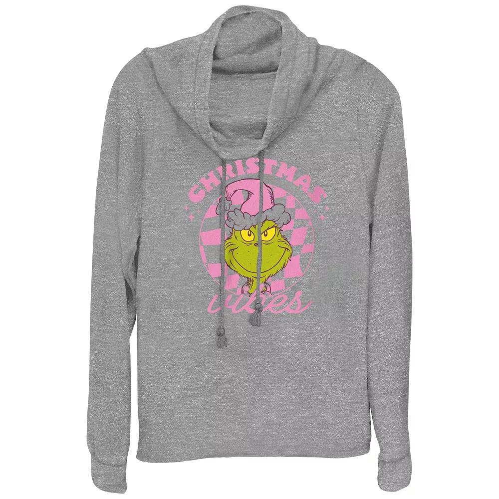 Women's Dr. Seuss Grinch Christmas Vibes Cowlneck Graphic Lightweight Long Sleeve, Size: Large, Gray Grey Product Image