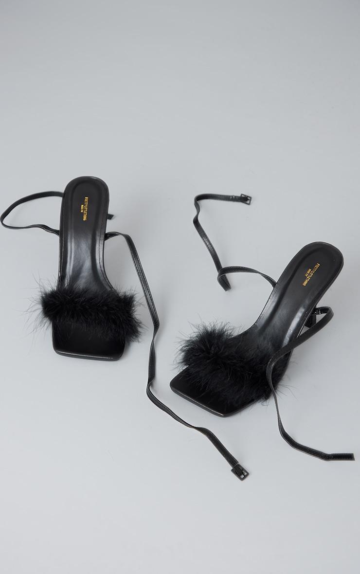 Black Wide Fit PU Square Toe Feather Strap High Heeled Sandals Product Image