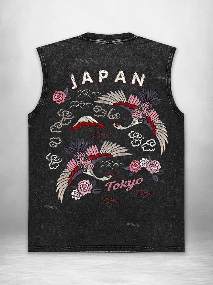 Vintage Sakura Crane Tokyo Graphic Acid Washed Tank Top Product Image