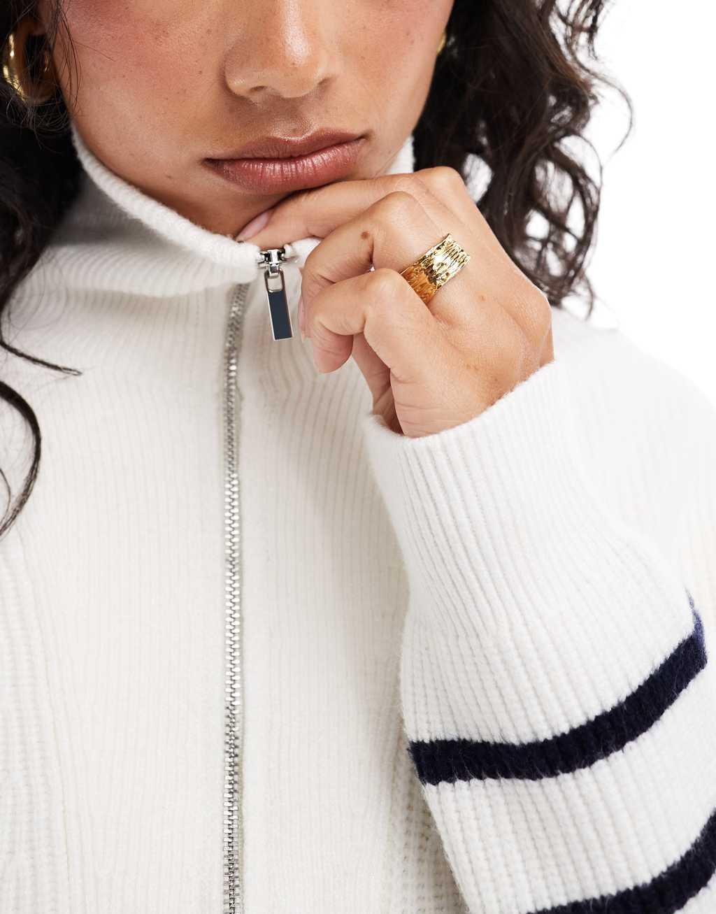 Mango half zip striped sweater in white  Product Image