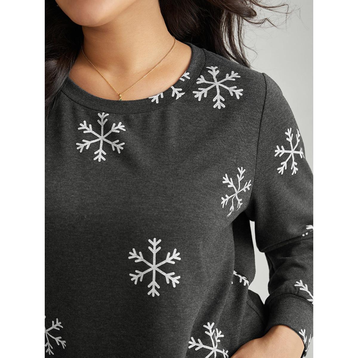 Plus Size Snowflake Print Round Neck Sweatshirt Women DimGray Casual Contrast Round Neck Festival-Christmas Sweatshirts BloomChic 30/6X Product Image