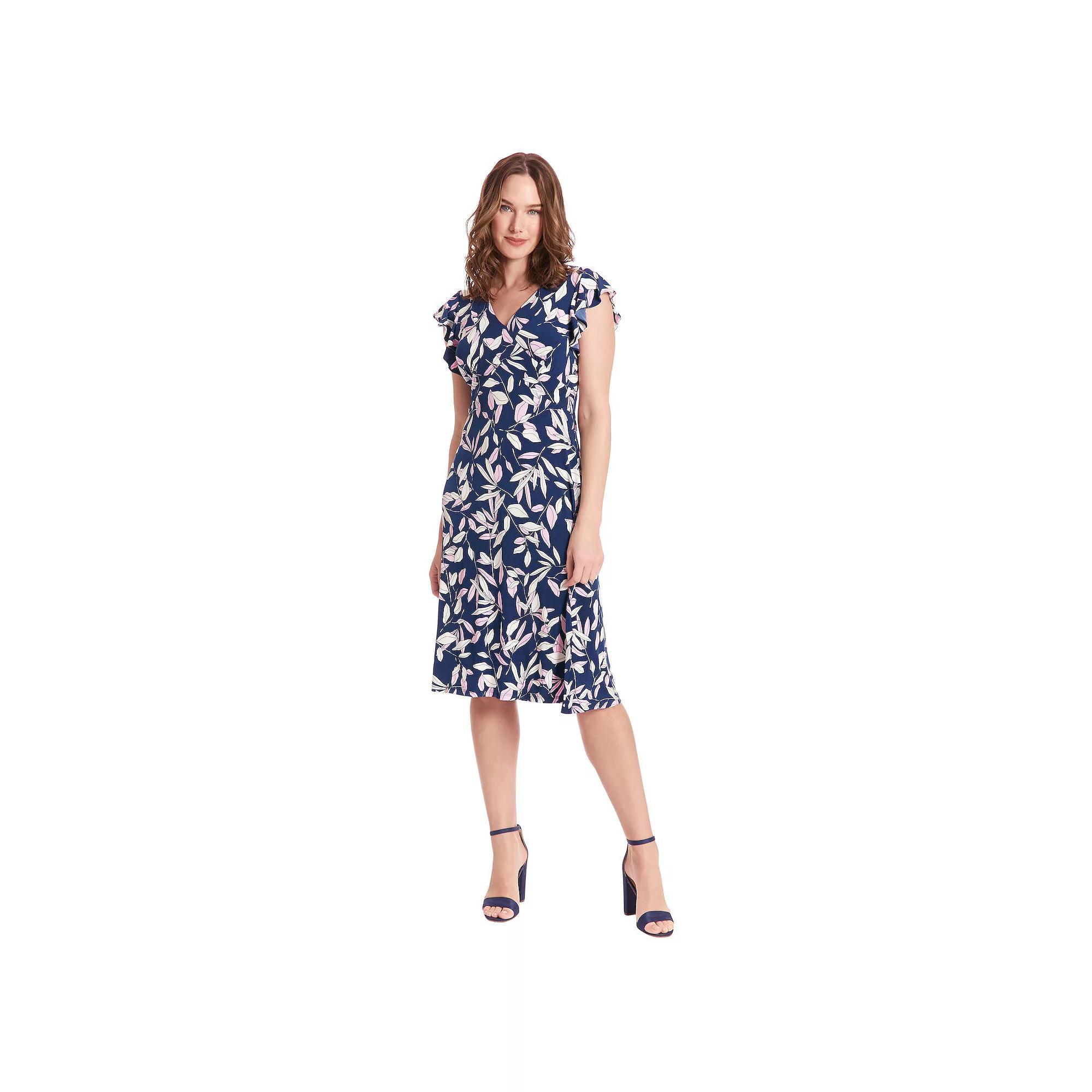 Womens London Times Ruffle Sleeve V-Neck Midi Dress Blue Pink Product Image
