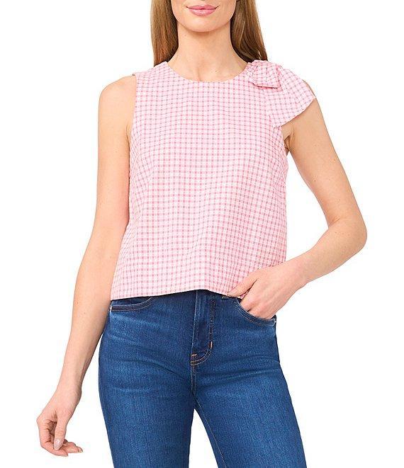 CeCe Gingham Print Crew Neck Sleeveless Bow Top Product Image