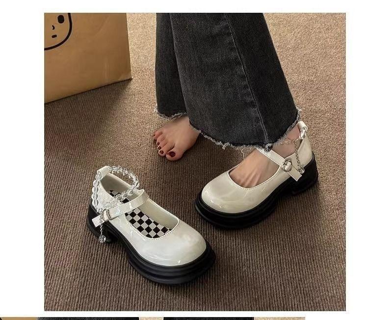 Heart Buckled Beaded Platform Chunky Heel Mary Jane Pumps Product Image