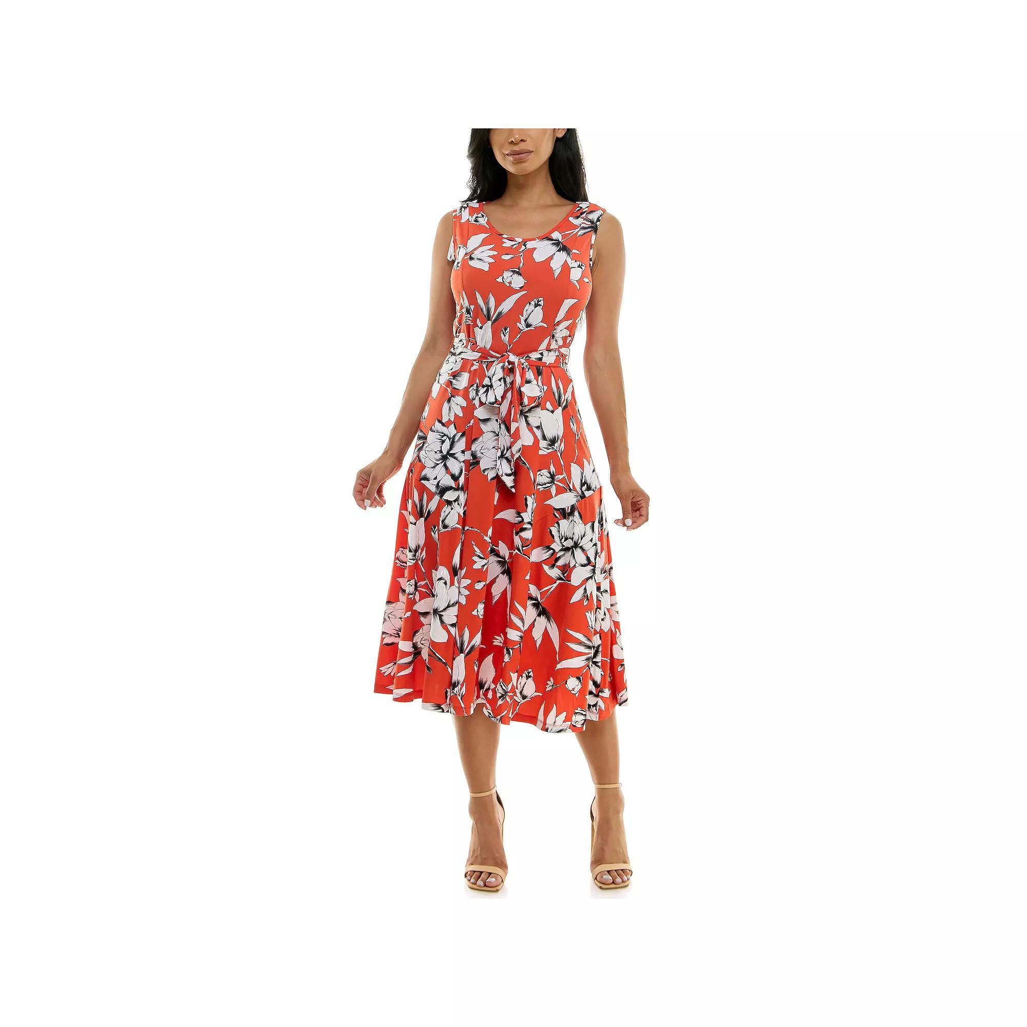 Women's Nina Leonard Belted Sleeveless Print Midi Dress, Size: XL, Brown Team Product Image