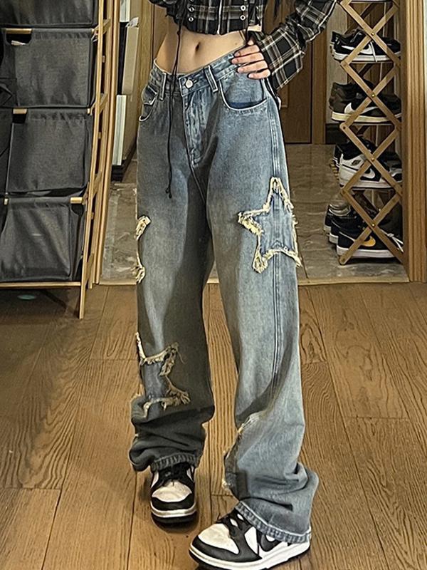 Vintage Wash Distressed Star Patch Boyfriend Jeans Product Image