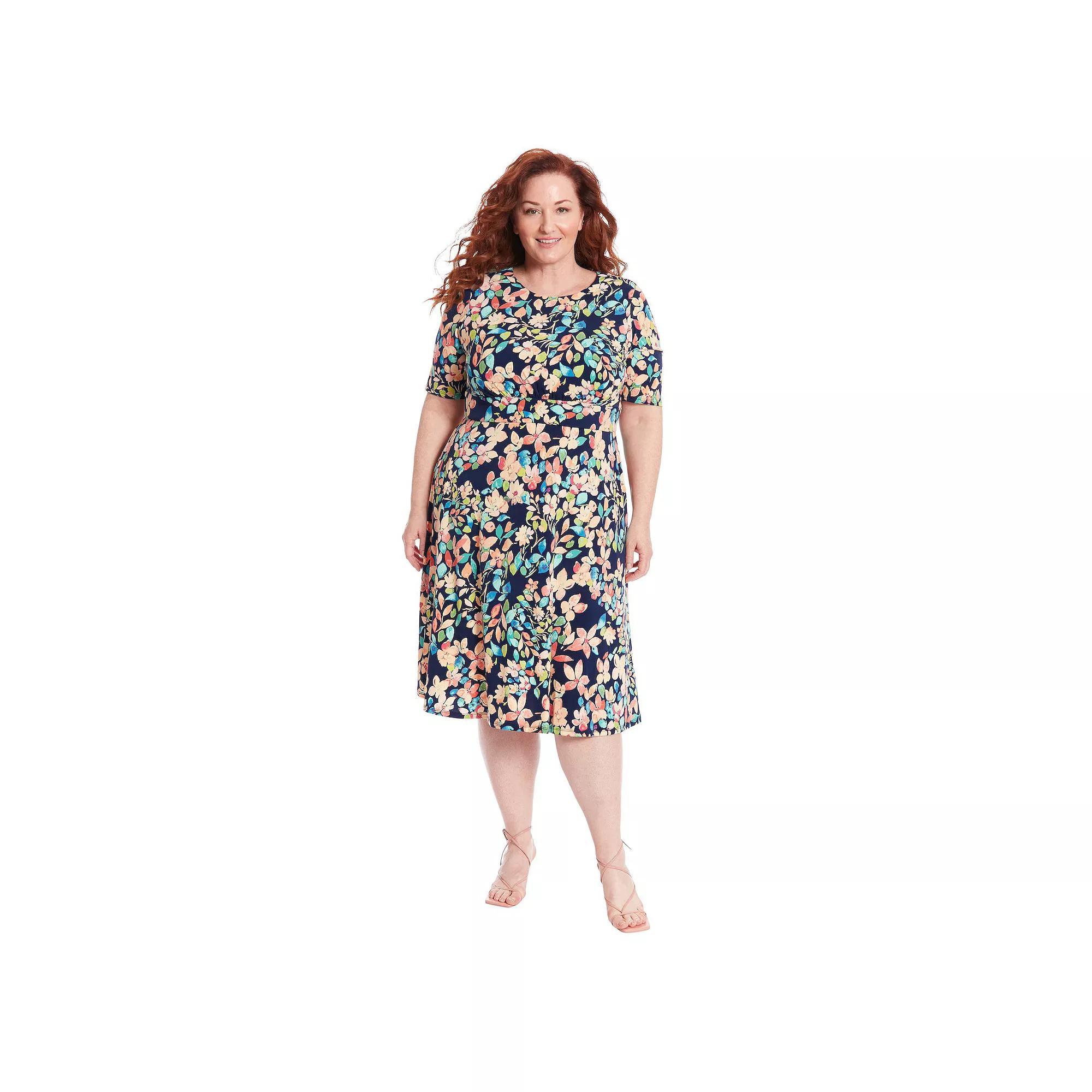 Plus Size London Times Floral Print Elbow Sleeve Inset Waist Midi Dress, Women's, Size: 22 W, Blue Melon Product Image