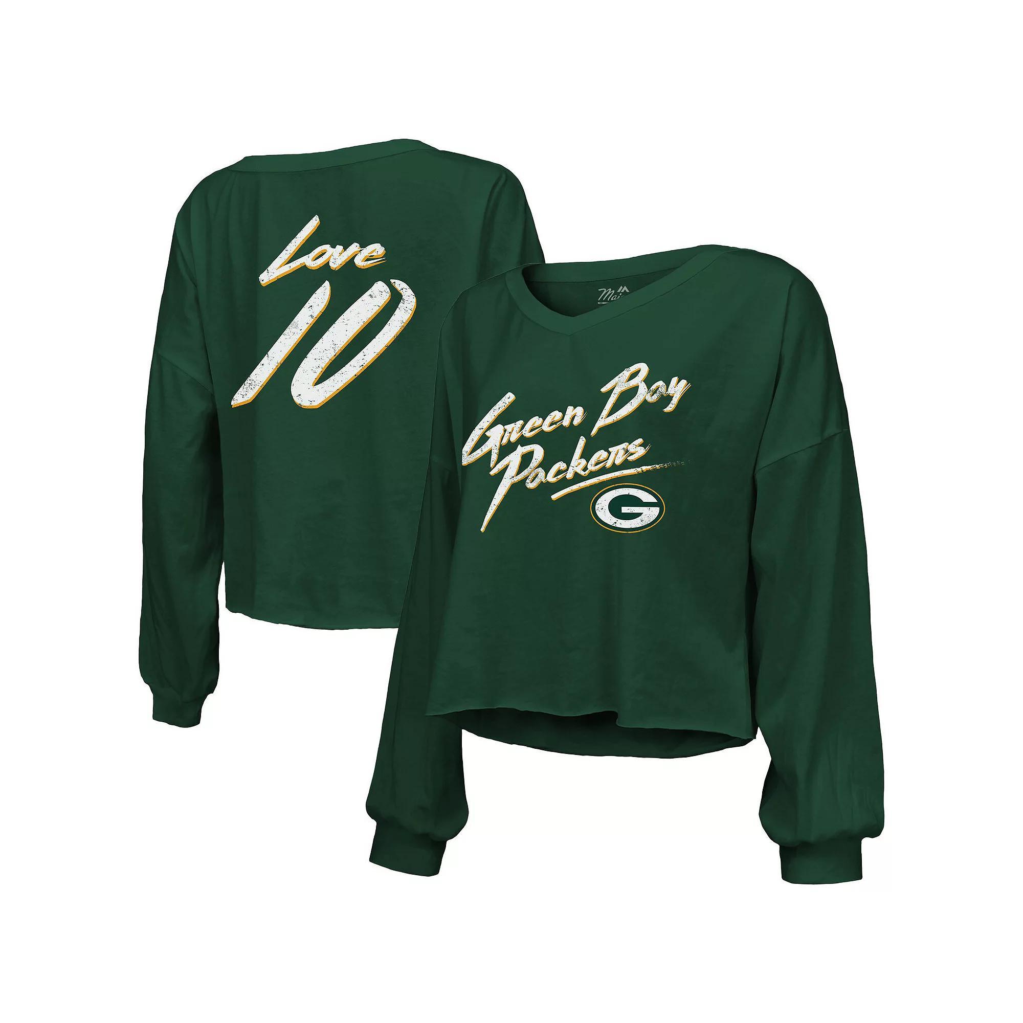 Women's Majestic Threads Jordan Love Green Green Bay Packers Name & Number Off-Shoulder Script Cropped Long Sleeve V-Neck T-Shirt, Size: Medium Product Image