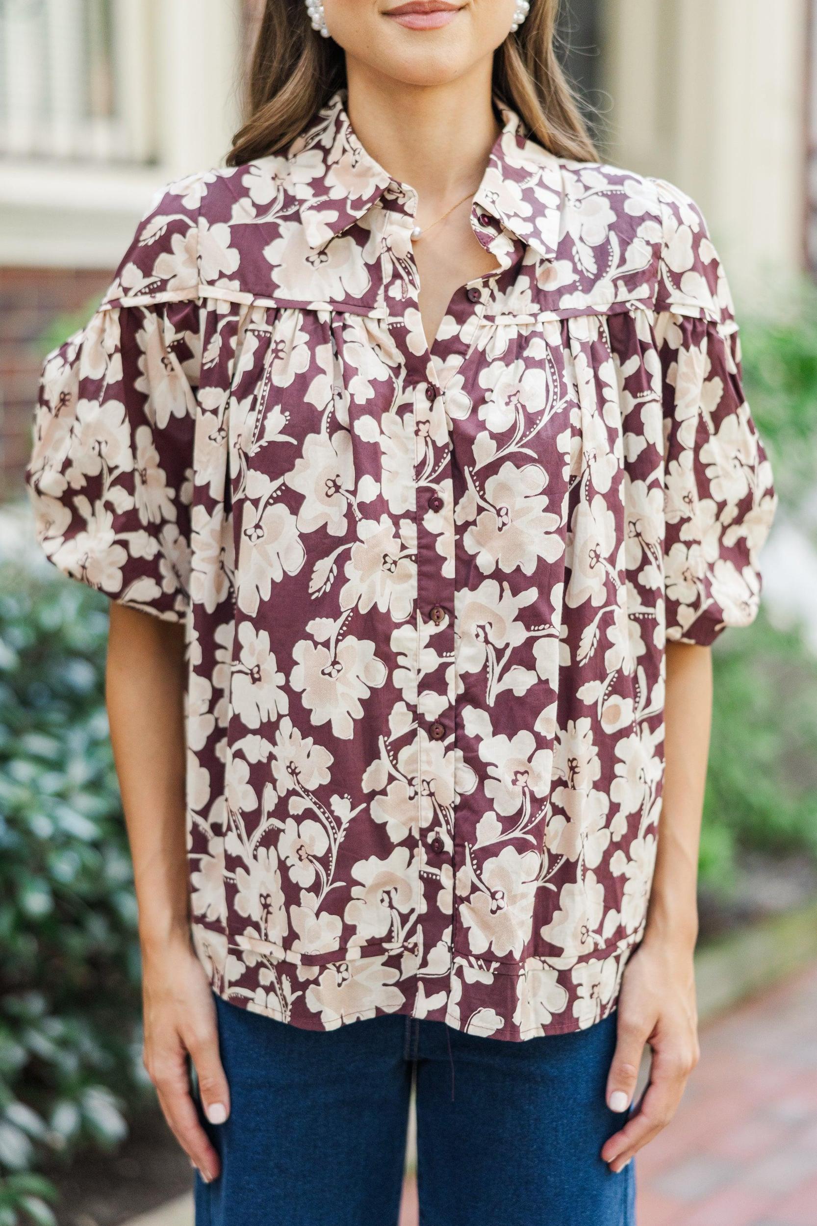Better Than You Know Burgundy Floral Puff Sleeve Blouse Female Product Image