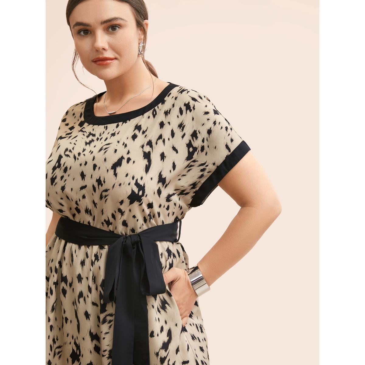 Plus Size Leopard Print Contrast Trim Dolman Sleeve Dress Leopard Women At the Office Belted Round Neck Short sleeve Curvy BloomChic 12/L Product Image