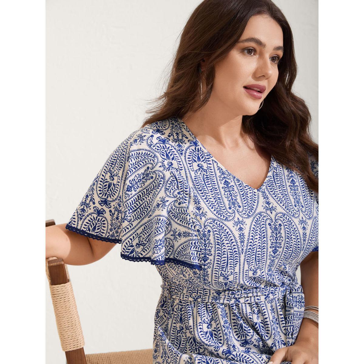 Plus Size Rayon Paisley Print Cinched-Waist Midi Dress DarkBlue Women V-neck Short sleeve Curvy BloomChic 18-20/2X Product Image