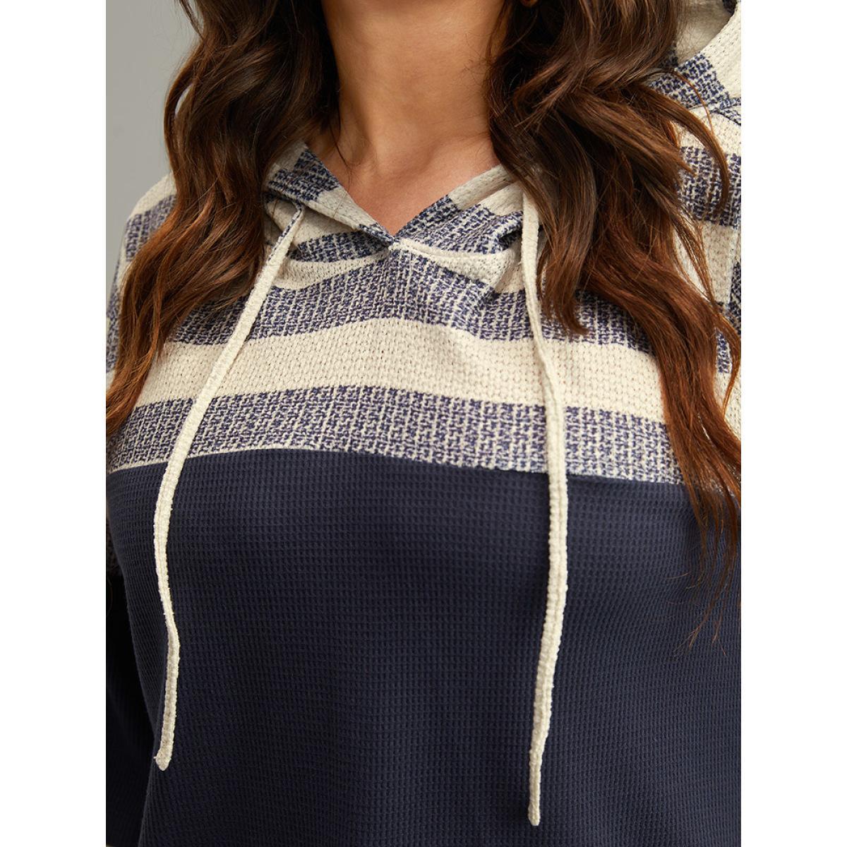 Plus Size Waffle Knit Striped Colorblock Hooded Sweatshirt Women Indigo Casual Contrast Hooded Dailywear Sweatshirts BloomChic 26/4X Product Image