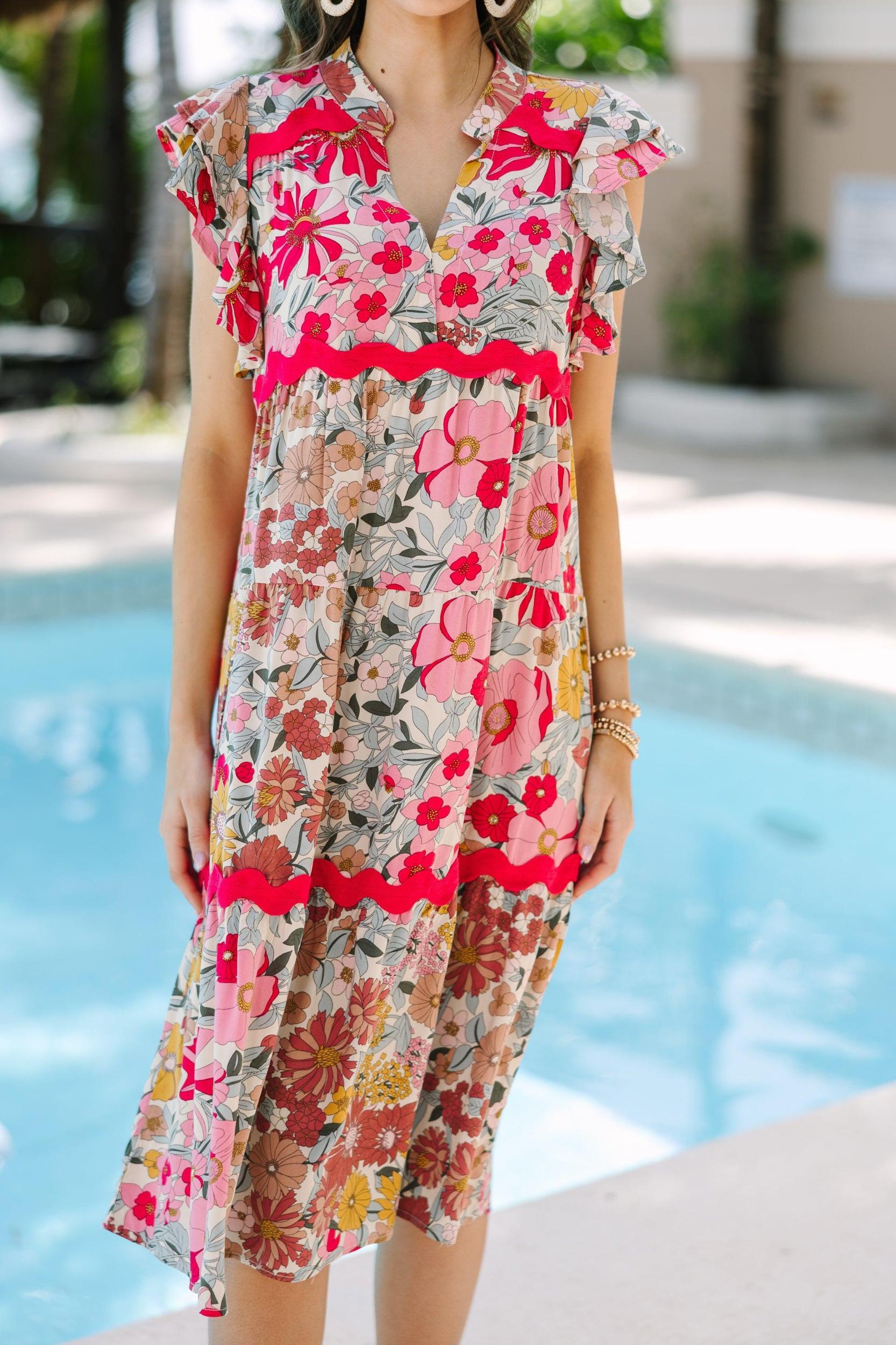 Open Your Heart Rose Pink Floral Midi Dress Female Product Image