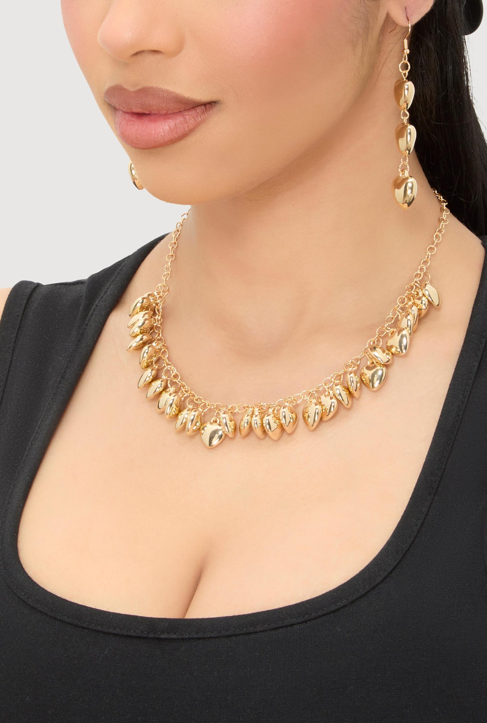 Metallic Puff Heart Necklace and Drop Earrings Set Female Product Image