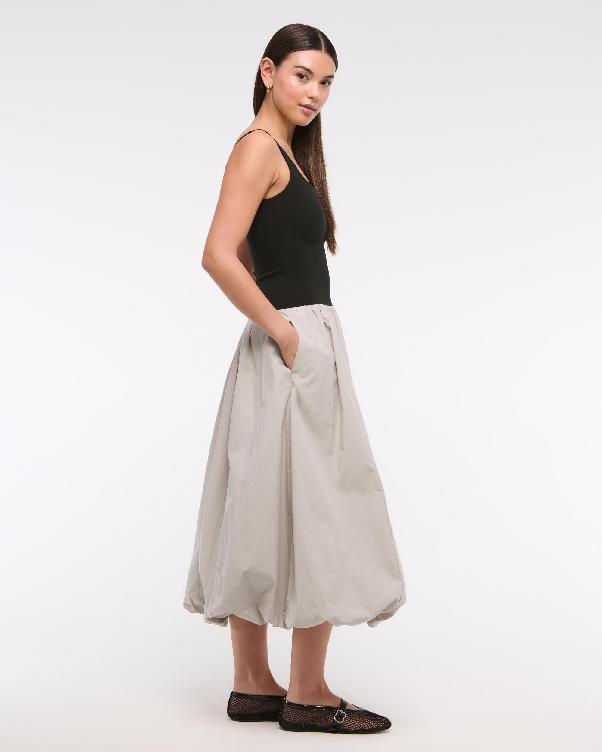 Mixed Fabric Bubble Hem Midi Dress Product Image