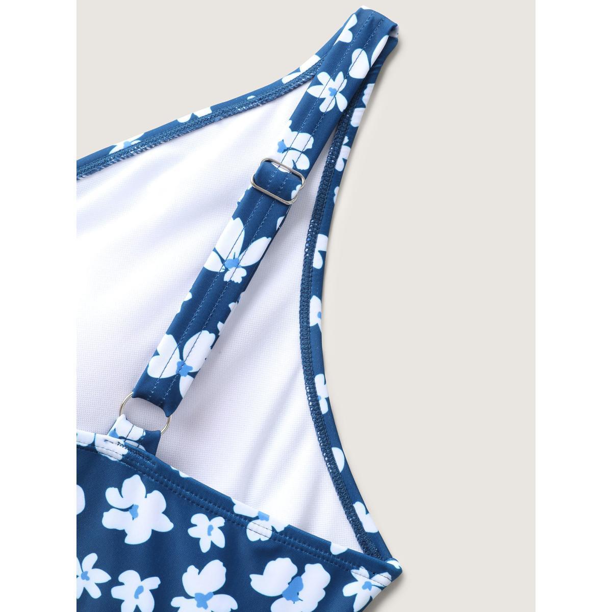 Plus Size Floral Print Contrast Swim Dress Women's Swimwear Indigo Beach Bodycon Overlap Collar High stretch Curve Swim Dresses BloomChic 26/4X Product Image