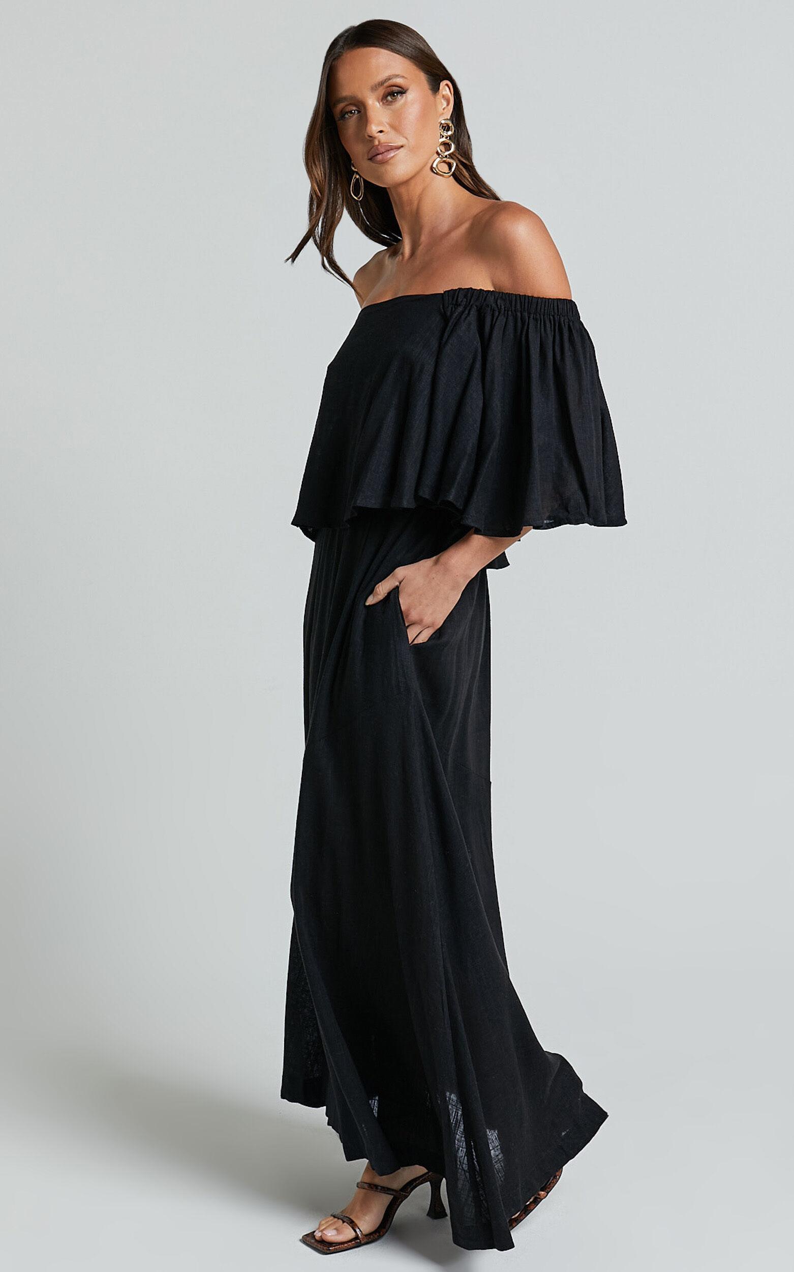 Amalie The Label - Juletta Linen Blend Flutter Sleeve Top and Midi Skirt Two Piece Set in Black Product Image