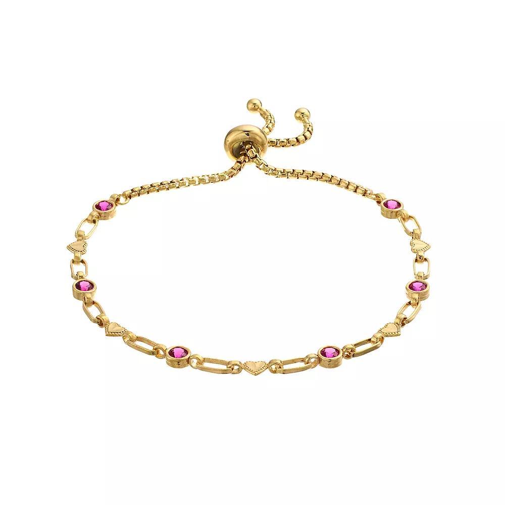 Kristen Kesho Sterling Silver Lab-Created Ruby & Heart Link Adjustable Bolo Bracelet, Women's, Size: 9.50, Gold Tone Product Image
