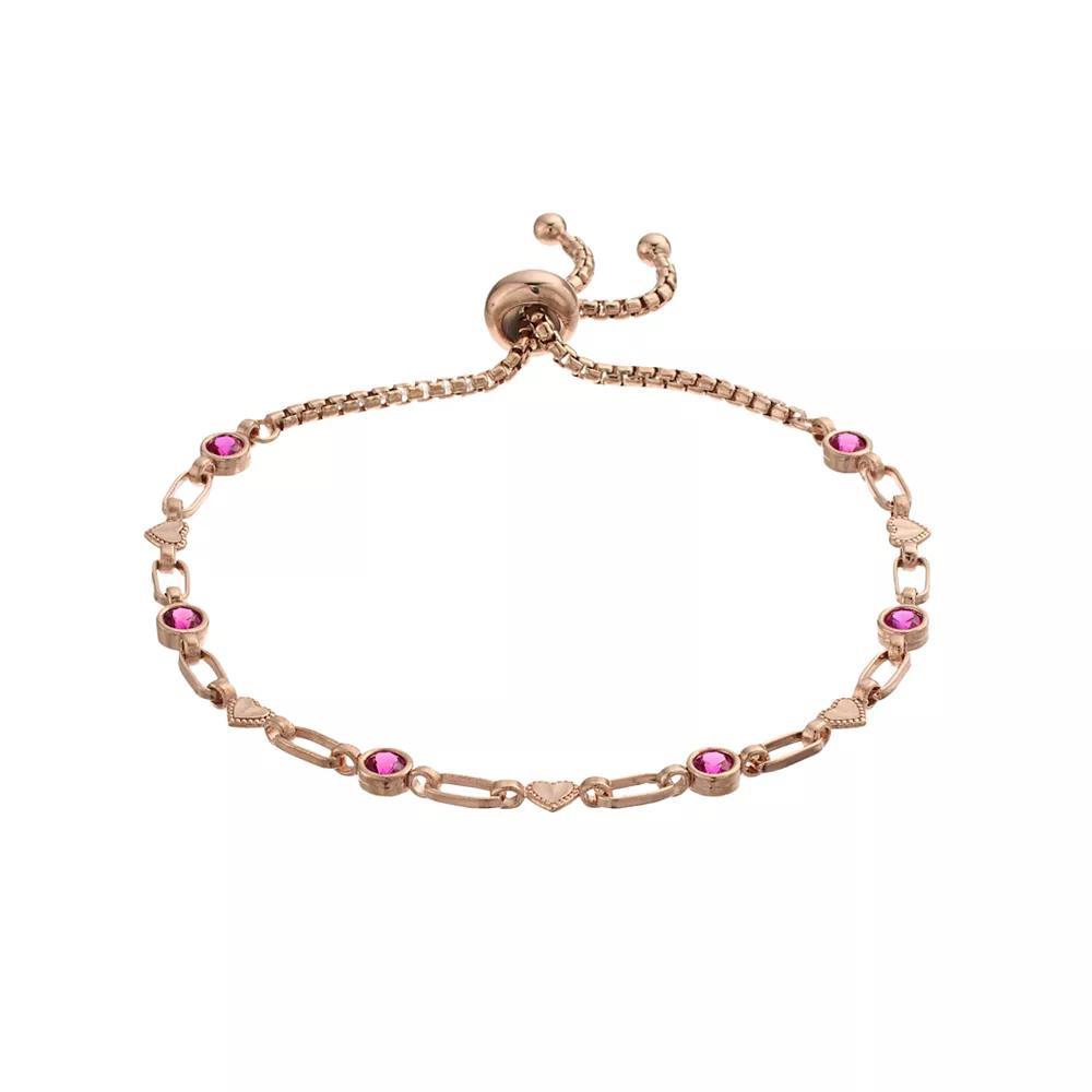 Kristen Kesho Sterling Silver Lab-Created Ruby & Heart Link Adjustable Bolo Bracelet, Women's, Size: 9.50, Pink Tone Product Image