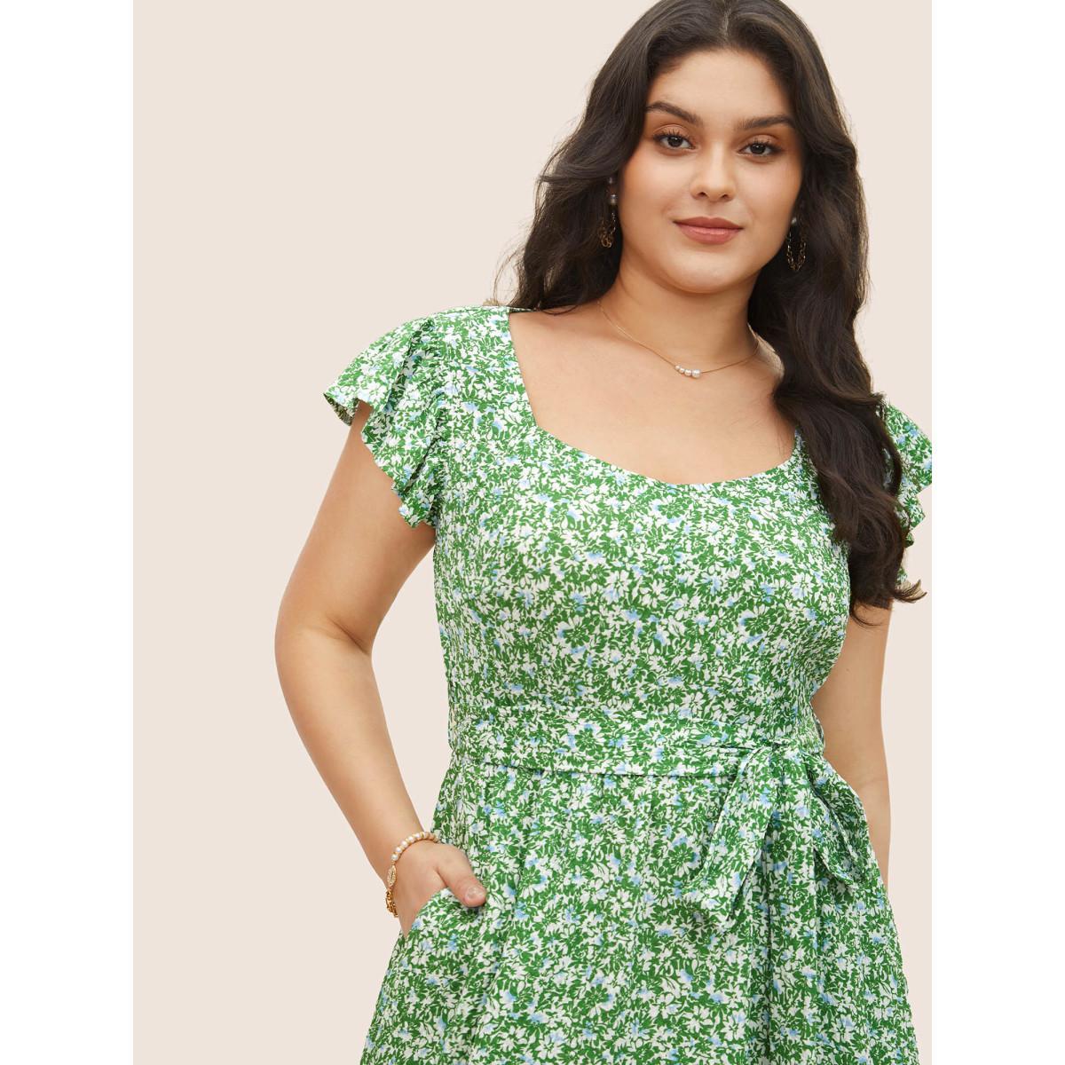 Plus Size Ditsy Floral Belted Flutter Cap Sleeve Dress Green Women Elegant Non Square Neck Cap Sleeve Curvy Midi Dress BloomChic 30/6X Product Image