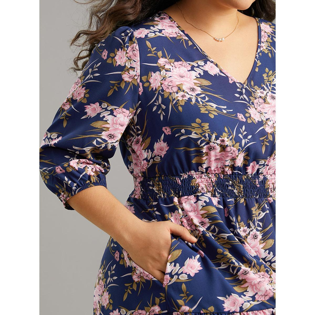 Plus Size Floral Print Shirred Elastic Cuffs Dress DarkBlue Women Elegant Pocket V-neck Elbow-length sleeve Curvy Midi Dress BloomChic 18-20/2X Product Image