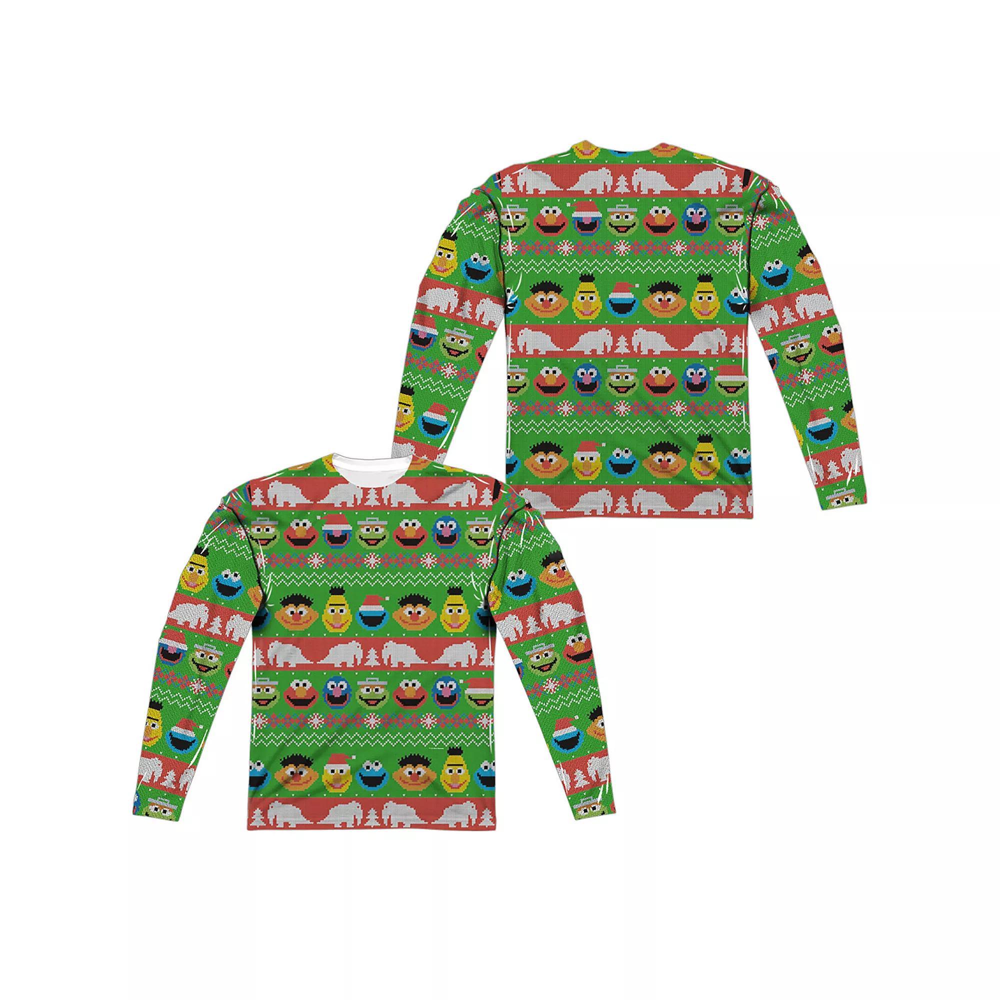 Men's Sesame Street Ugly Christmas Sweater Long Sleeve Sublimated Graphic Tee, Size: Small, Black Product Image