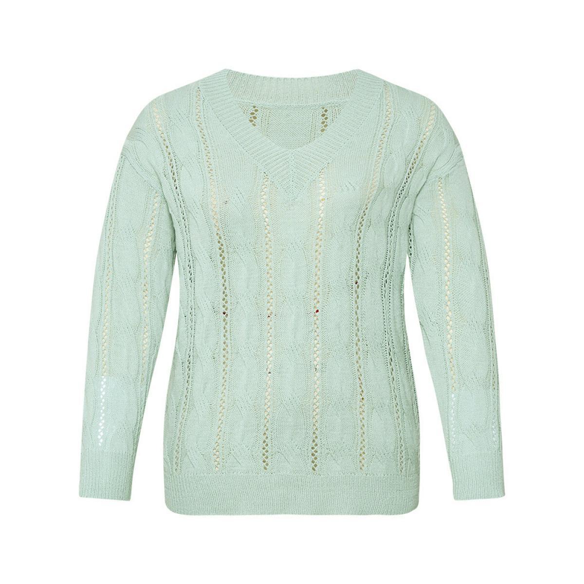 Plus Size Plain Cable Knit Drop Shoulder Pullover LightGreen Women Casual Loose Long Sleeve V-neck Dailywear Pullovers BloomChic 10/M Product Image