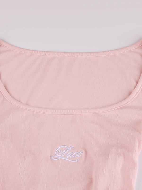 Tie Back Letter Embroidered Print Long Sleeve Tee Product Image