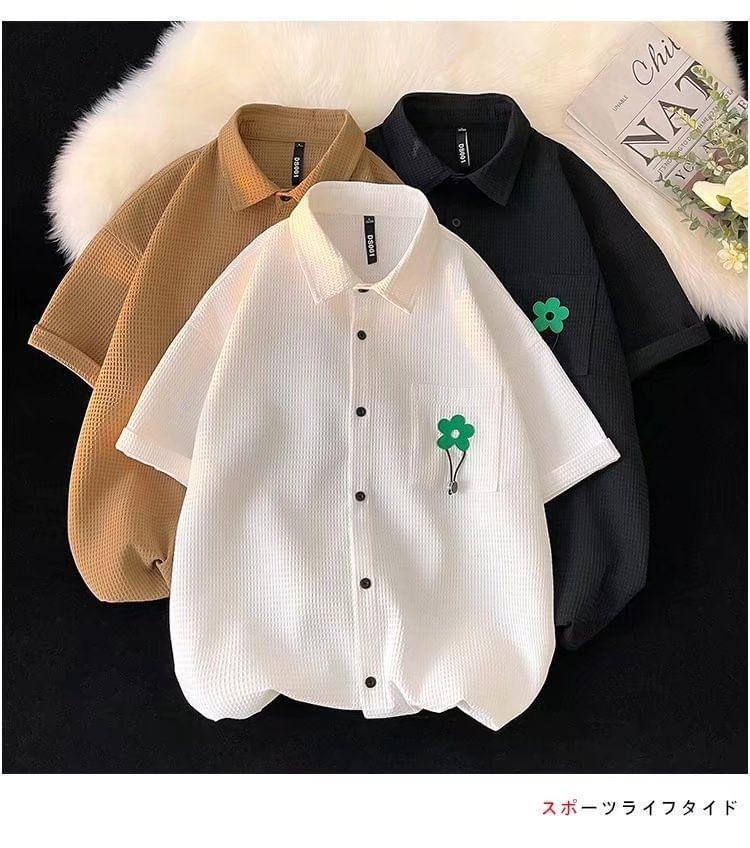 Elbow-Sleeve Floral Applique Waffle Button-Up Shirt Product Image