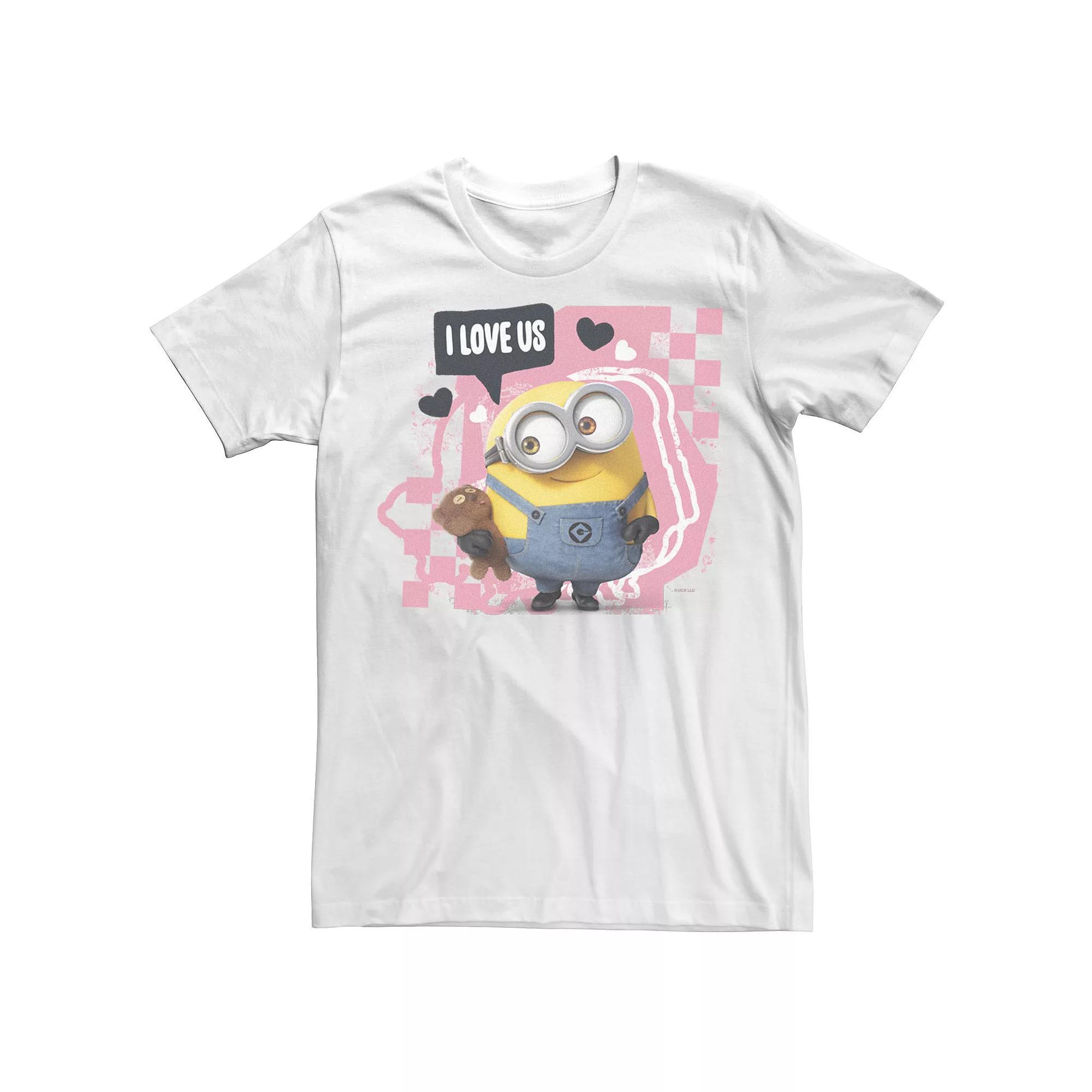 Men's Minions I Love Us Pink Checkered Portrait Tee, Size: XXL, White Product Image