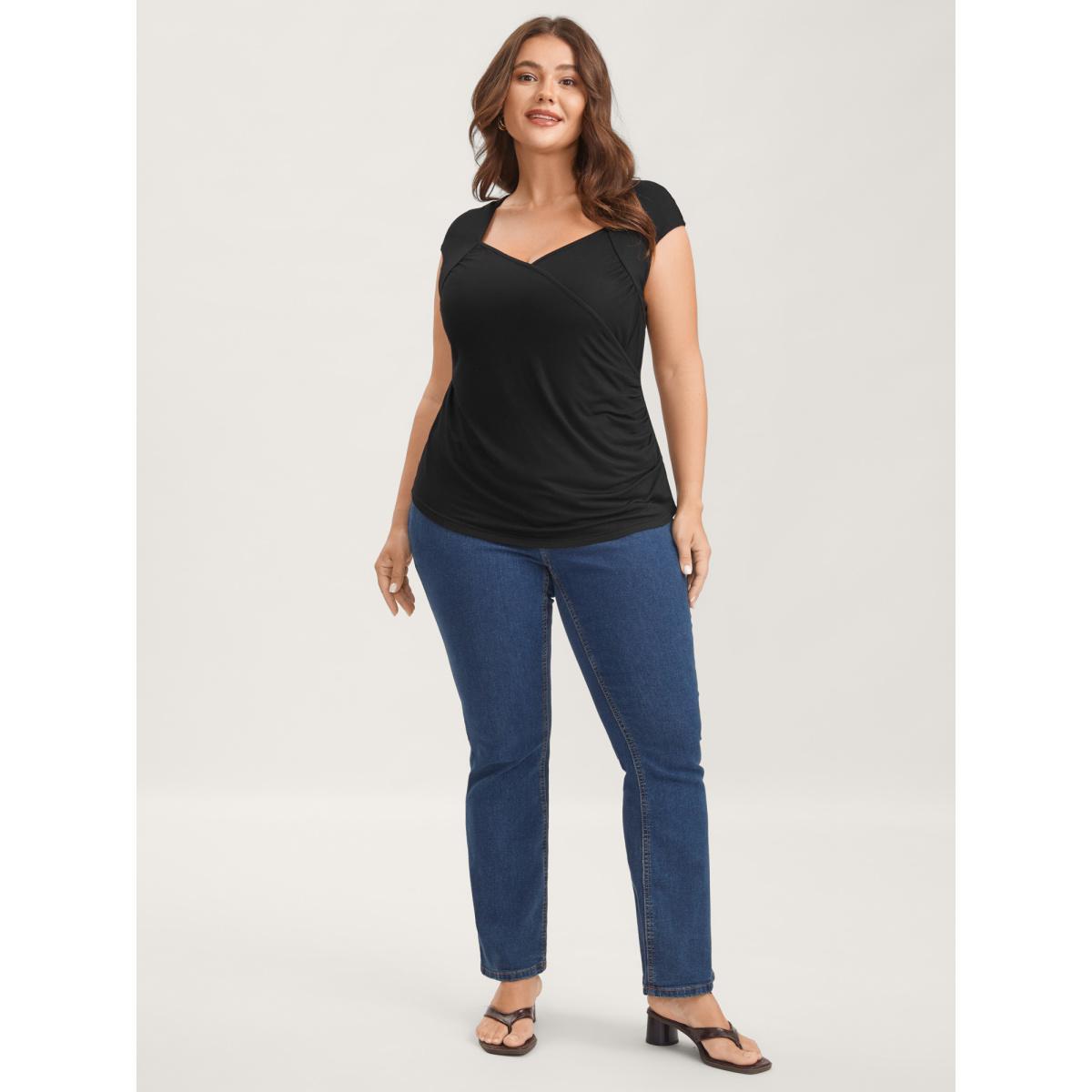 Plus Size Overlap Knit Sweetheart Neck T-Shirt Black Women Overlap Collar Everyday-Elegant T-shirts BloomChic 14-16/1X Product Image