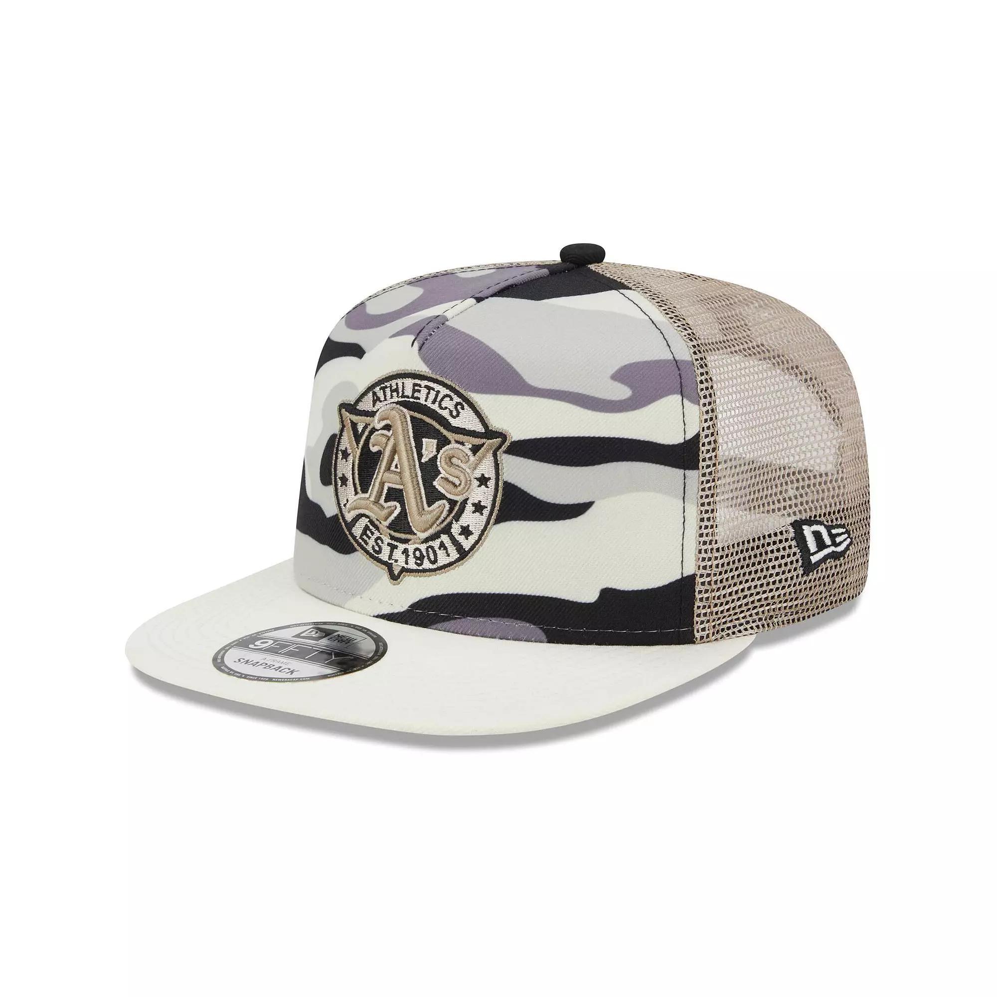 Mens New Era Oakland Athletics Chrome Camo A-Frame 9FIFTY Trucker Snapback Hat Product Image