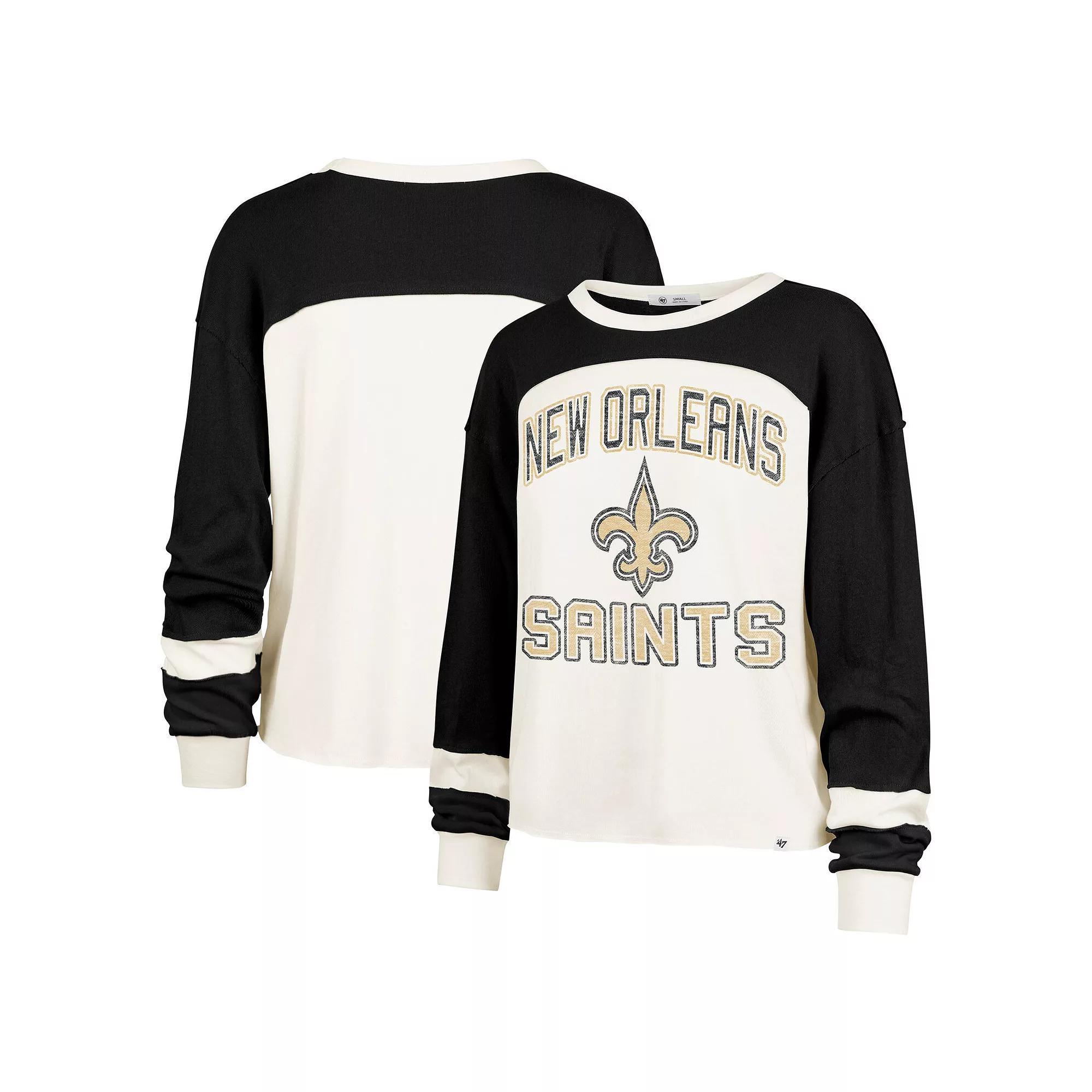 Women's '47 Cream New Orleans Saints Double Header Curve Raglan Long Sleeve Crop Top, Size: Large, Beige Product Image