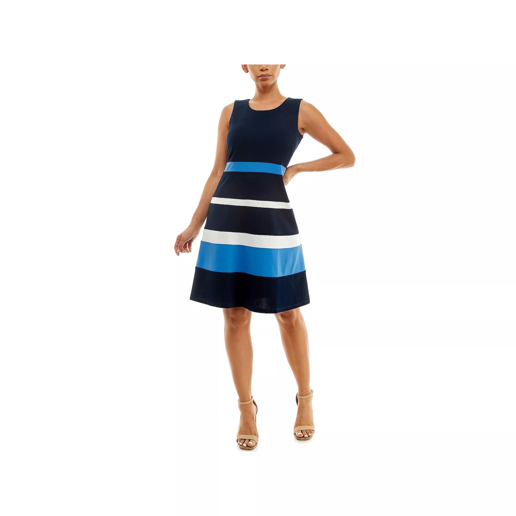 Women's Nina Leonard Sleeveless Jewelneck Colorblock Dress, Size: Large, Navy Blue Ivory Product Image