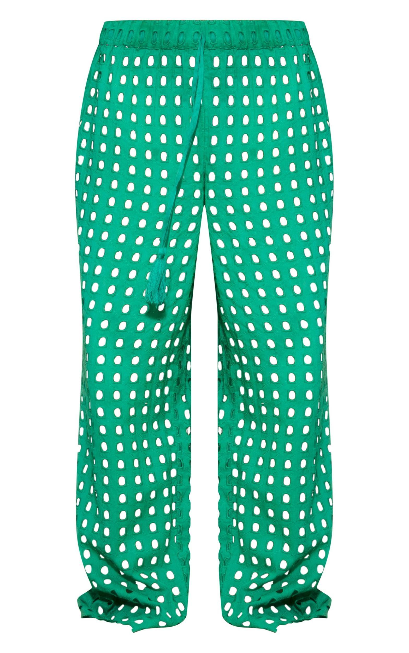Green Broderie Cut Out Wide Leg Beach Pants Product Image