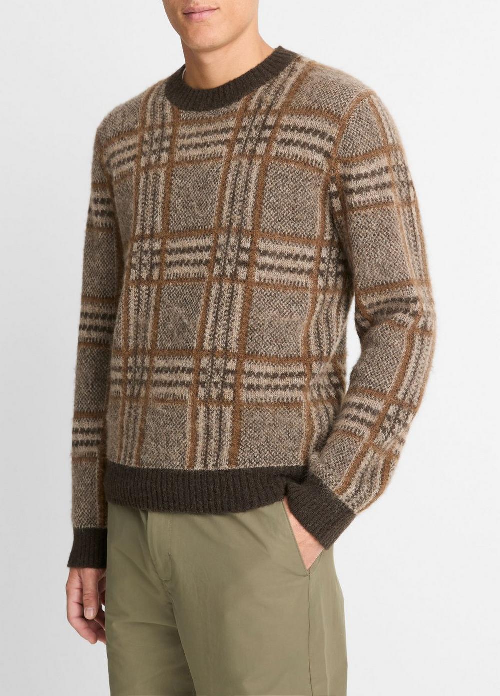 Mens Brushed Glen Plaid Crew Neck Sweater, Bristle Khaki Combo, Size S Vince Product Image