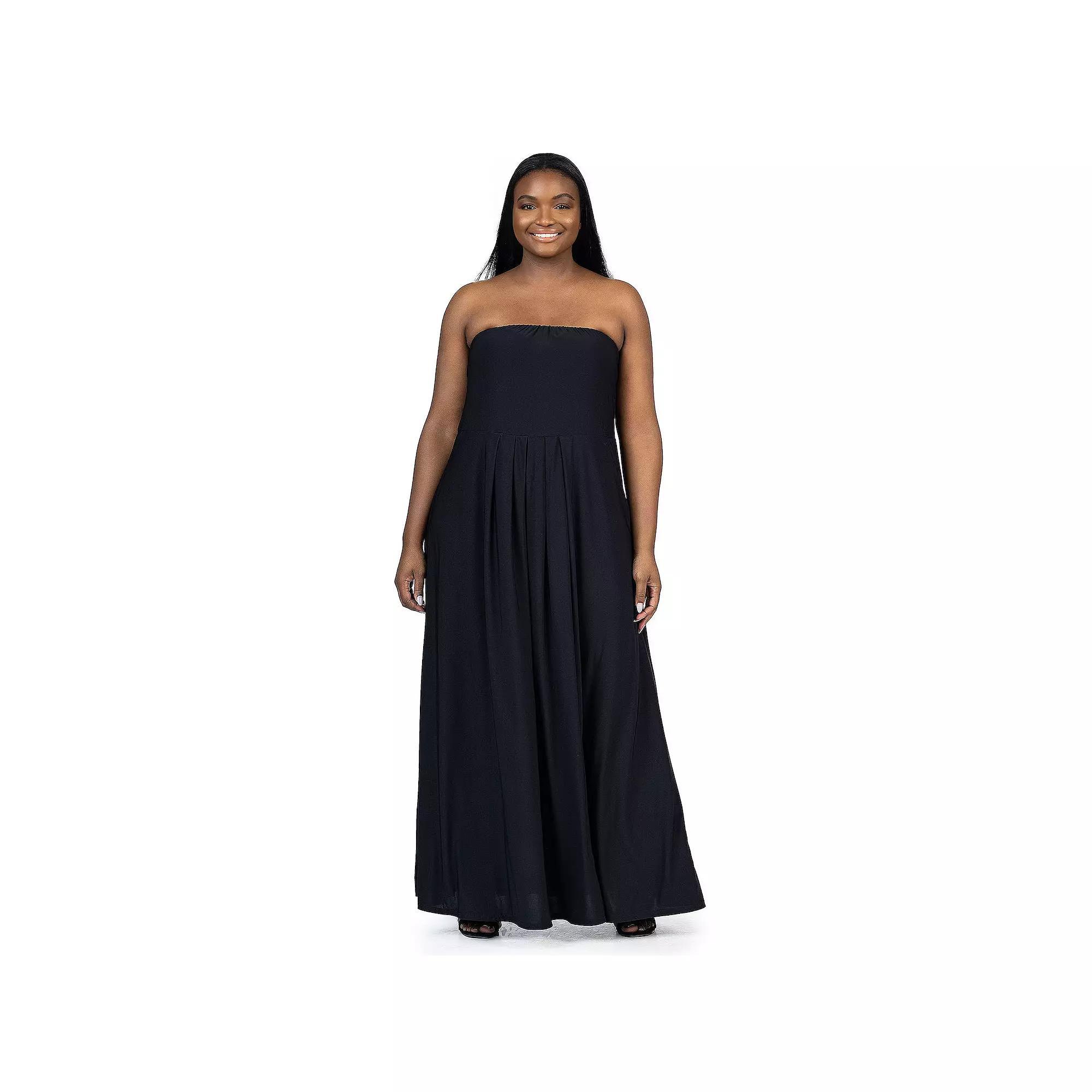 Plus Size 24Seven Comfort Apparel Pleated A Line Strapless Maxi Dress With Pockets, Women's, Size: 3XL, Green Product Image