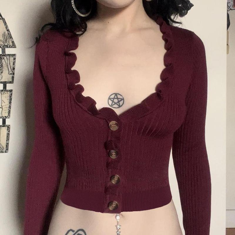 Scoop Neck Plain Ruffle Trim Button Up Cropped Cardigan Product Image