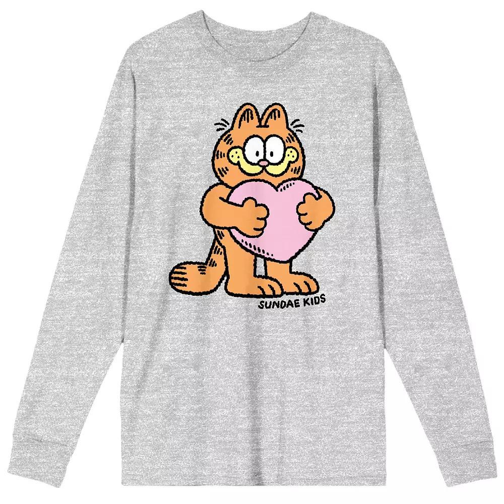 Men's Garfield With Pink Heart Long Sleeve Tee, Size: Small, Gray Product Image