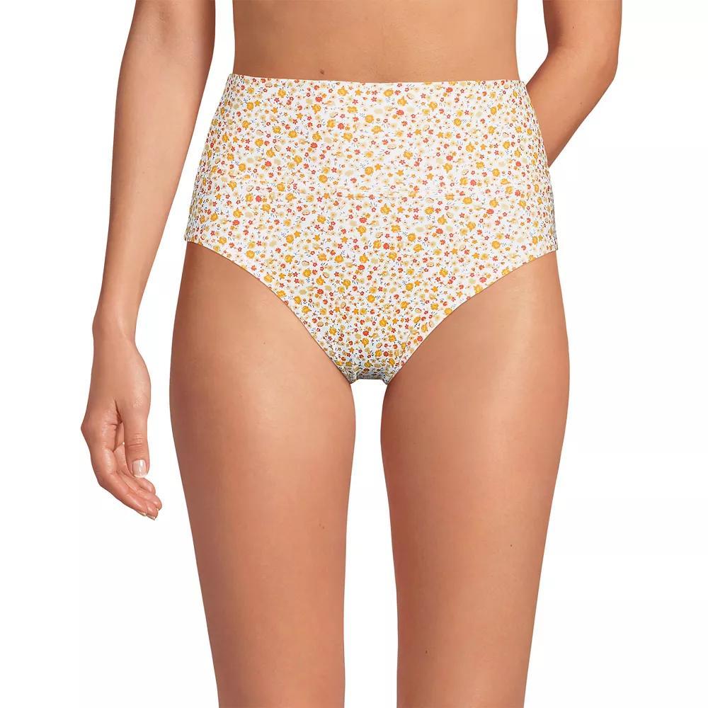 Women's Lands' End Chlorine Resistant Fold Over High Waisted Bikini Bottoms, Size: 12, Egret Yellow Floral Product Image