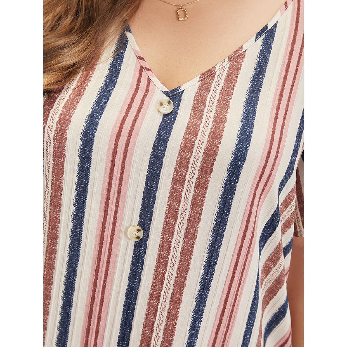 Plus Size Striped Button Detail Pocket Ruffle Hem Dress Multicolor Women Vacation Gathered V-neck Short sleeve Curvy Knee Dress BloomChic 28/5X Product Image