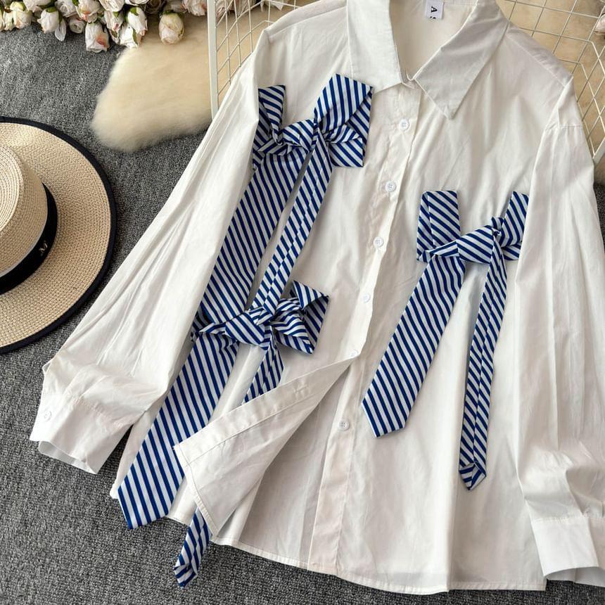Long-Sleeve Ribbon Accent Plain Shirt Product Image
