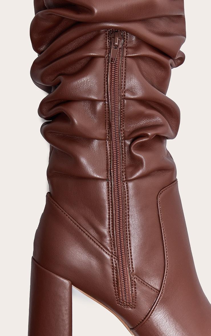 Brown PU Round Toe Ruched Over The Knee Block Heeled Boots Product Image
