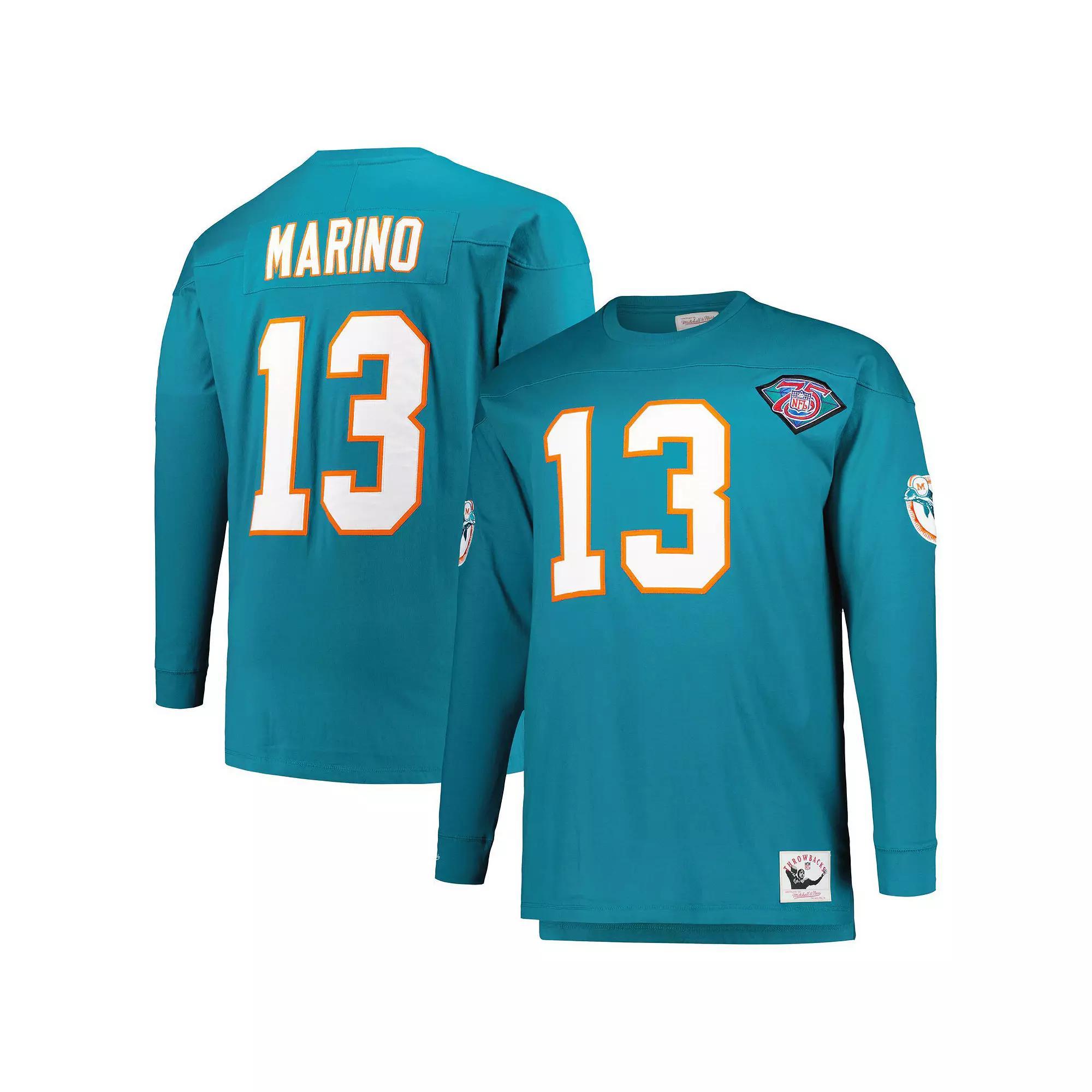 Men's Mitchell & Ness Dan Marino Aqua Miami Dolphins Big & Tall Cut & Sew Player Name & Number Long Sleeve T-Shirt, Size: 4XB, Turquoise A Product Image